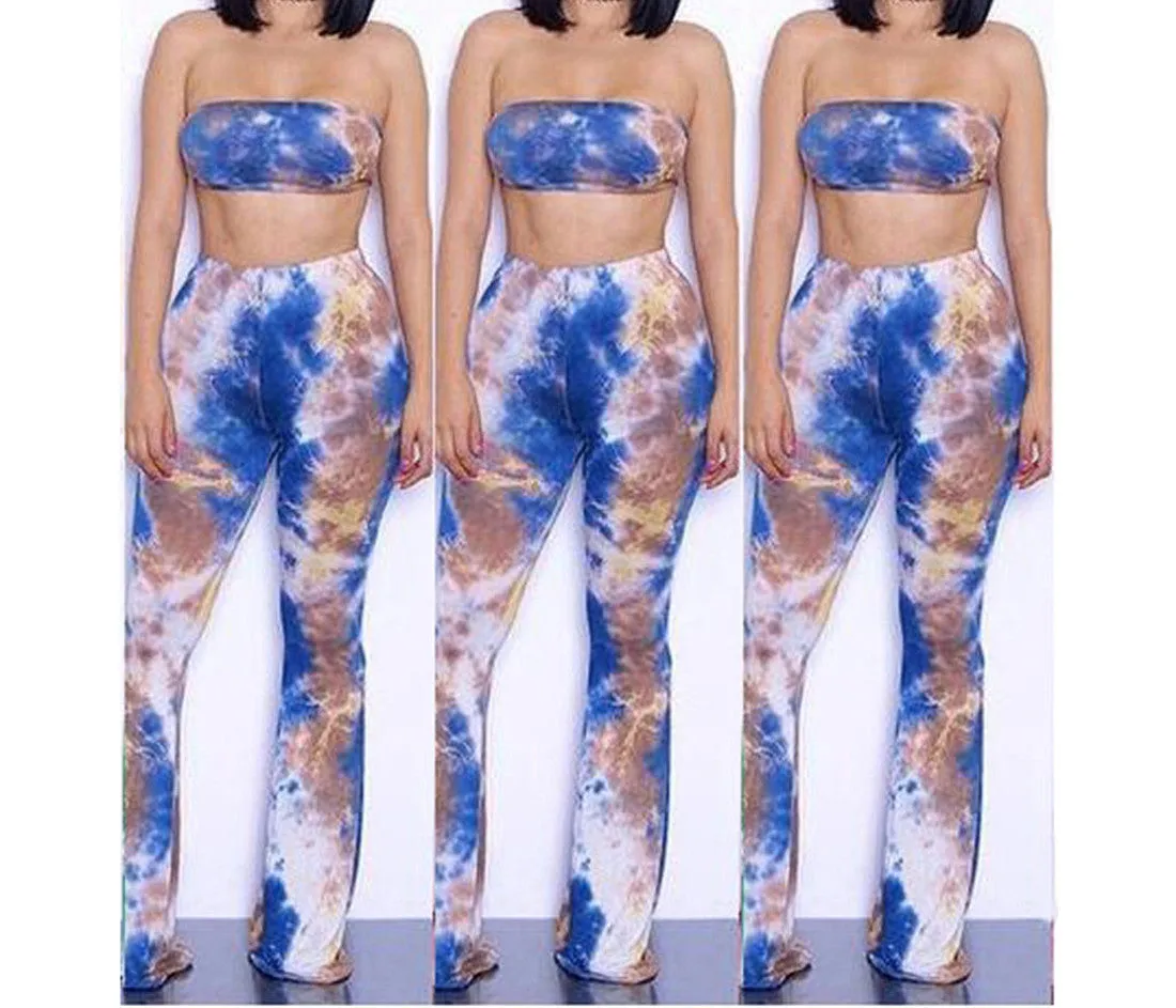 Tie Dye 2 Piece Set Women Jumpsuit Long Romper Strapless Crop Top And Flare Pants Casual Bodysuit Fashion Playsuit Overalls