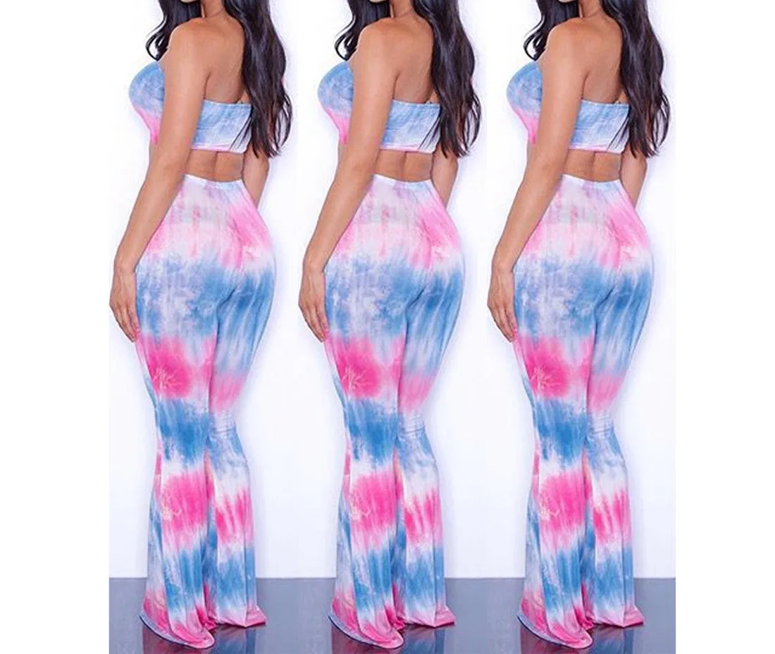 Tie Dye 2 Piece Set Women Jumpsuit Long Romper Strapless Crop Top And Flare Pants Casual Bodysuit Fashion Playsuit Overalls