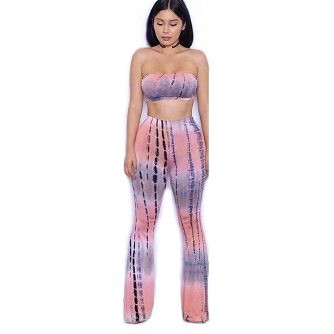 Tie Dye 2 Piece Set Women Jumpsuit Long Romper Strapless Crop Top And Flare Pants Casual Bodysuit Fashion Playsuit Overalls
