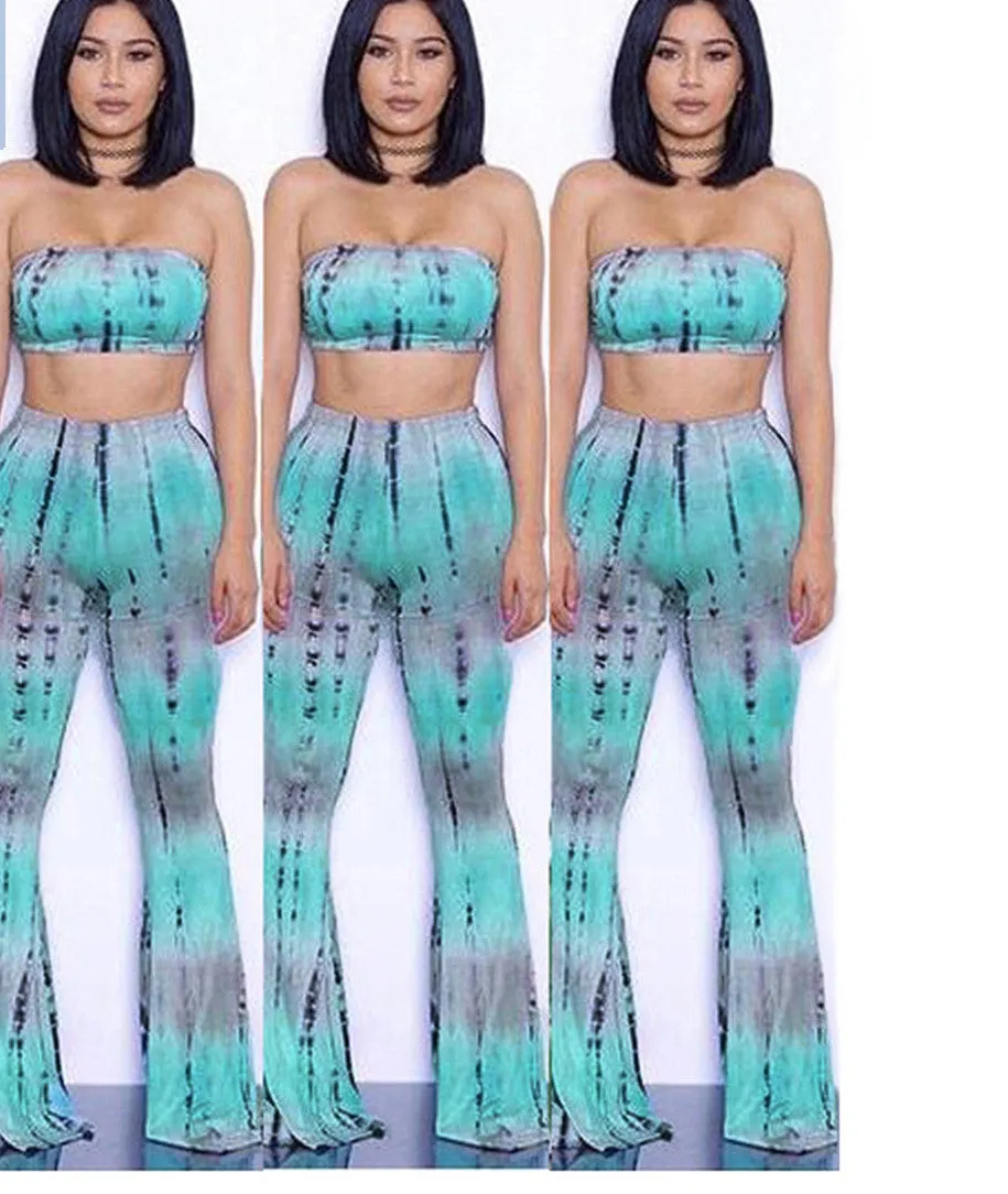 Tie Dye 2 Piece Set Women Jumpsuit Long Romper Strapless Crop Top And Flare Pants Casual Bodysuit Fashion Playsuit Overalls