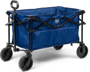 TIMBER RIDGE Folding Collapsible Wagon, Utility Push Pull Beach Wagon with All-Terrain Universal Wheels, Heavy Duty Foldable Grocery Cart for Outdoor Garden Camping Shopping, Holds 225 lbs, Dark Blue