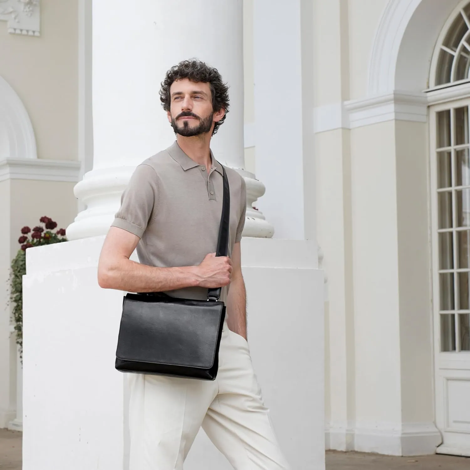 Time Resistance Leather Messenger Bag for Men - Crossbody Bag - Full Grain Leather - Tablet Sized Shoulder Bag
