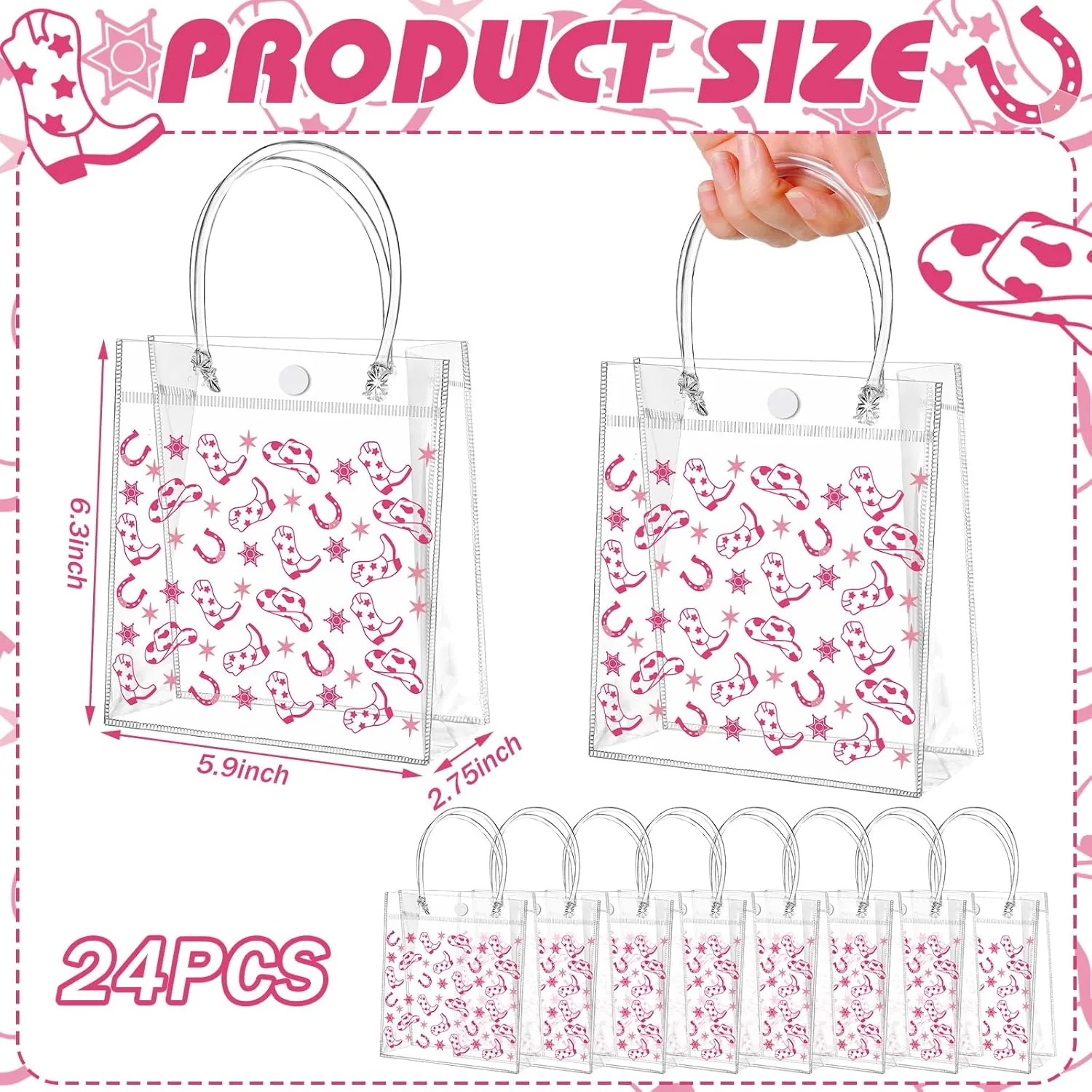 Tioncy 24 Pcs Pink Cowgirl Party Favors Bags Let's Go Girls Gift Clear PVC Bags with Handles Western Cowgirl Party Supplies Birthday Treat Goodies for Bridal Shower Bachelorette