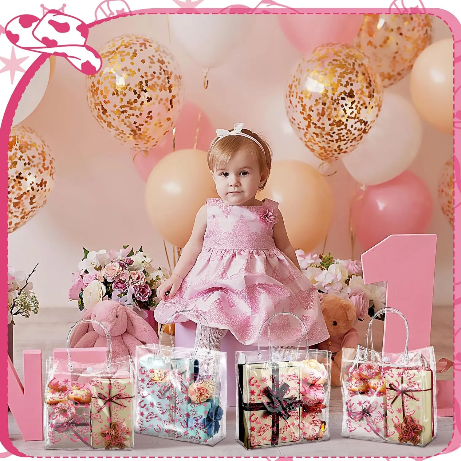 Tioncy 24 Pcs Pink Cowgirl Party Favors Bags Let's Go Girls Gift Clear PVC Bags with Handles Western Cowgirl Party Supplies Birthday Treat Goodies for Bridal Shower Bachelorette