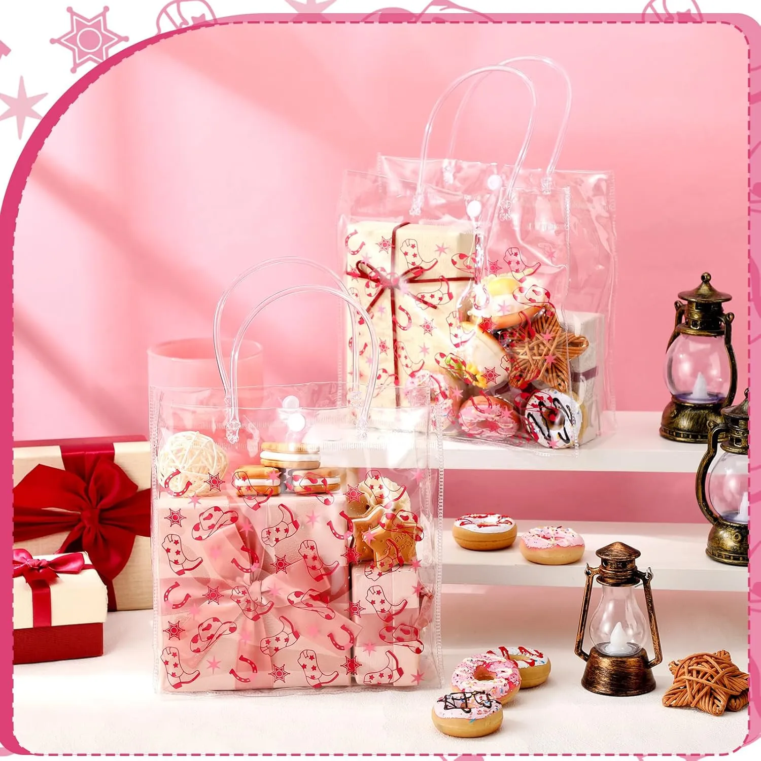 Tioncy 24 Pcs Pink Cowgirl Party Favors Bags Let's Go Girls Gift Clear PVC Bags with Handles Western Cowgirl Party Supplies Birthday Treat Goodies for Bridal Shower Bachelorette