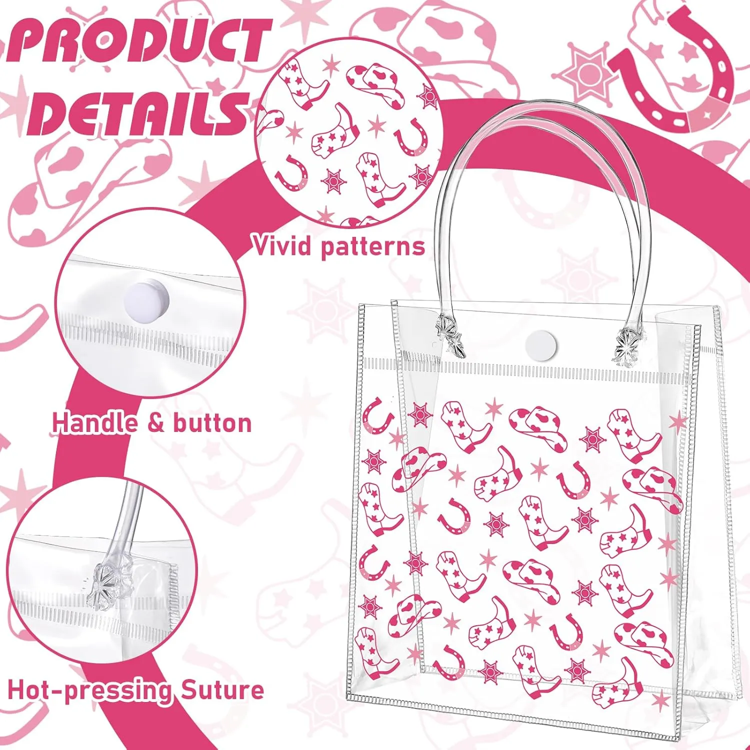 Tioncy 24 Pcs Pink Cowgirl Party Favors Bags Let's Go Girls Gift Clear PVC Bags with Handles Western Cowgirl Party Supplies Birthday Treat Goodies for Bridal Shower Bachelorette