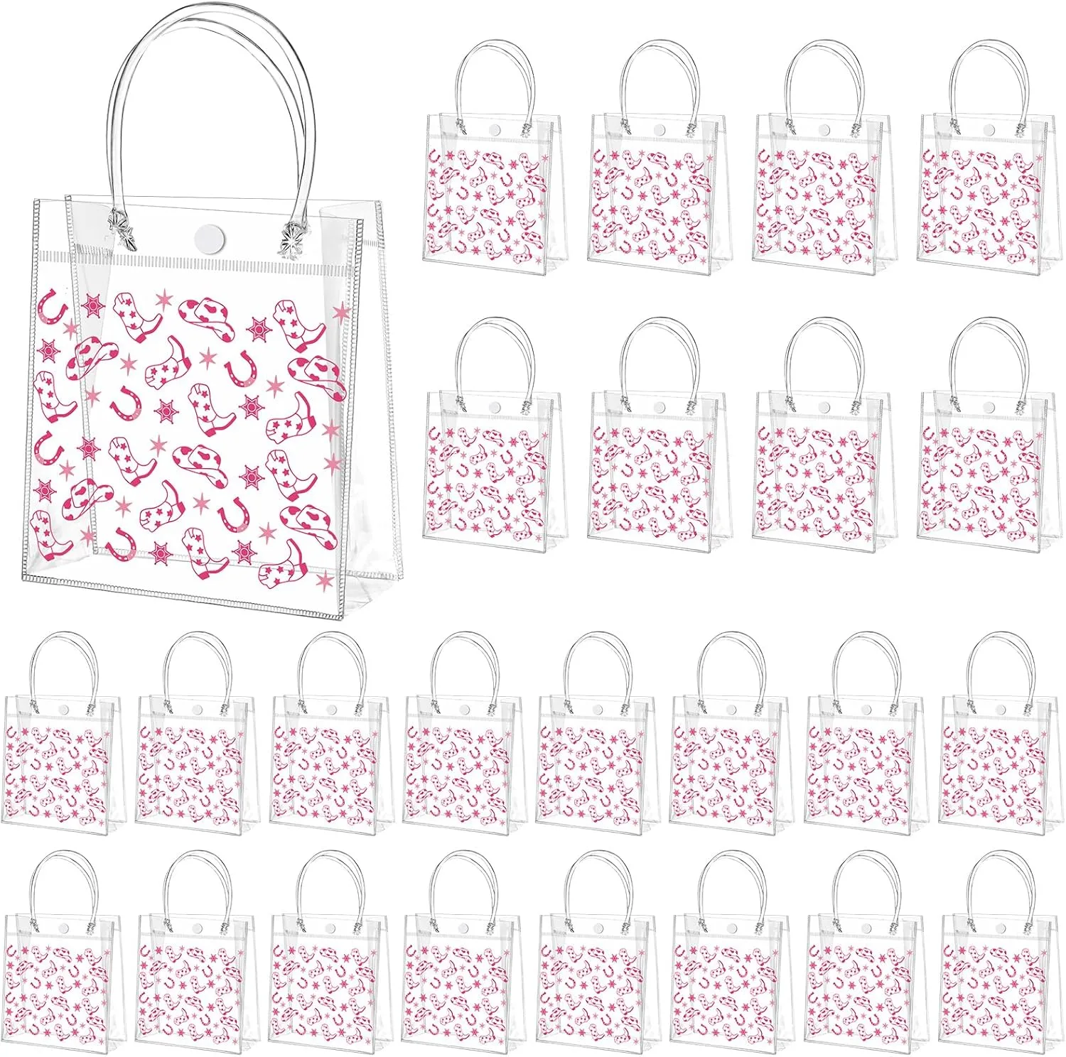 Tioncy 24 Pcs Pink Cowgirl Party Favors Bags Let's Go Girls Gift Clear PVC Bags with Handles Western Cowgirl Party Supplies Birthday Treat Goodies for Bridal Shower Bachelorette