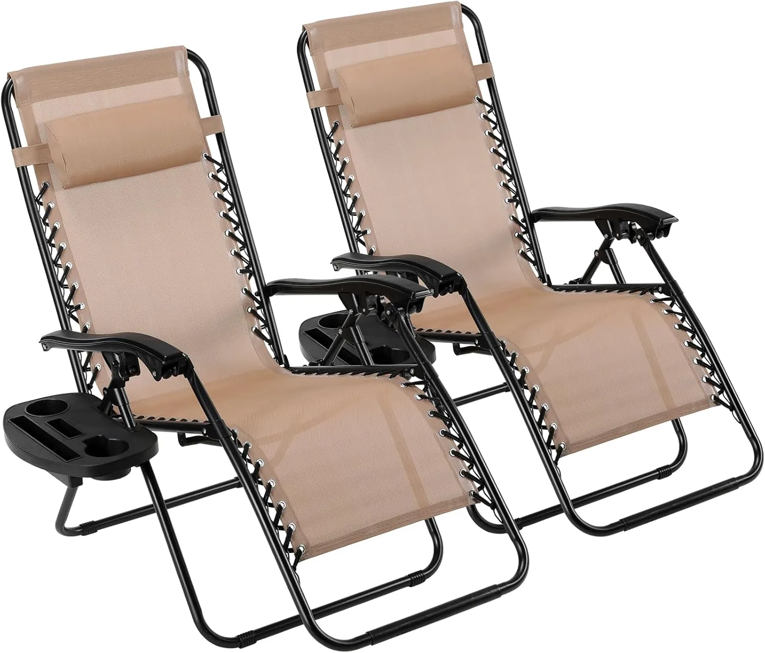 TLSUNNY Zero Gravity Chair Set of 2, Outdoor Folding Lounge W/Detachable Headrest & Holder Tray, Adjustable Textilene Lawn Reclining, No Assembly Required, for Patio, Backyard, Garden, 330LBS (Beige)