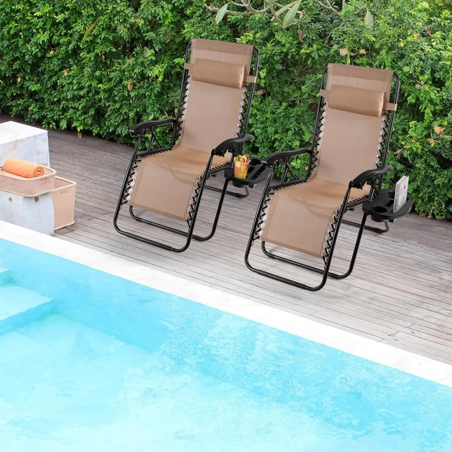 TLSUNNY Zero Gravity Chair Set of 2, Outdoor Folding Lounge W/Detachable Headrest & Holder Tray, Adjustable Textilene Lawn Reclining, No Assembly Required, for Patio, Backyard, Garden, 330LBS (Beige)