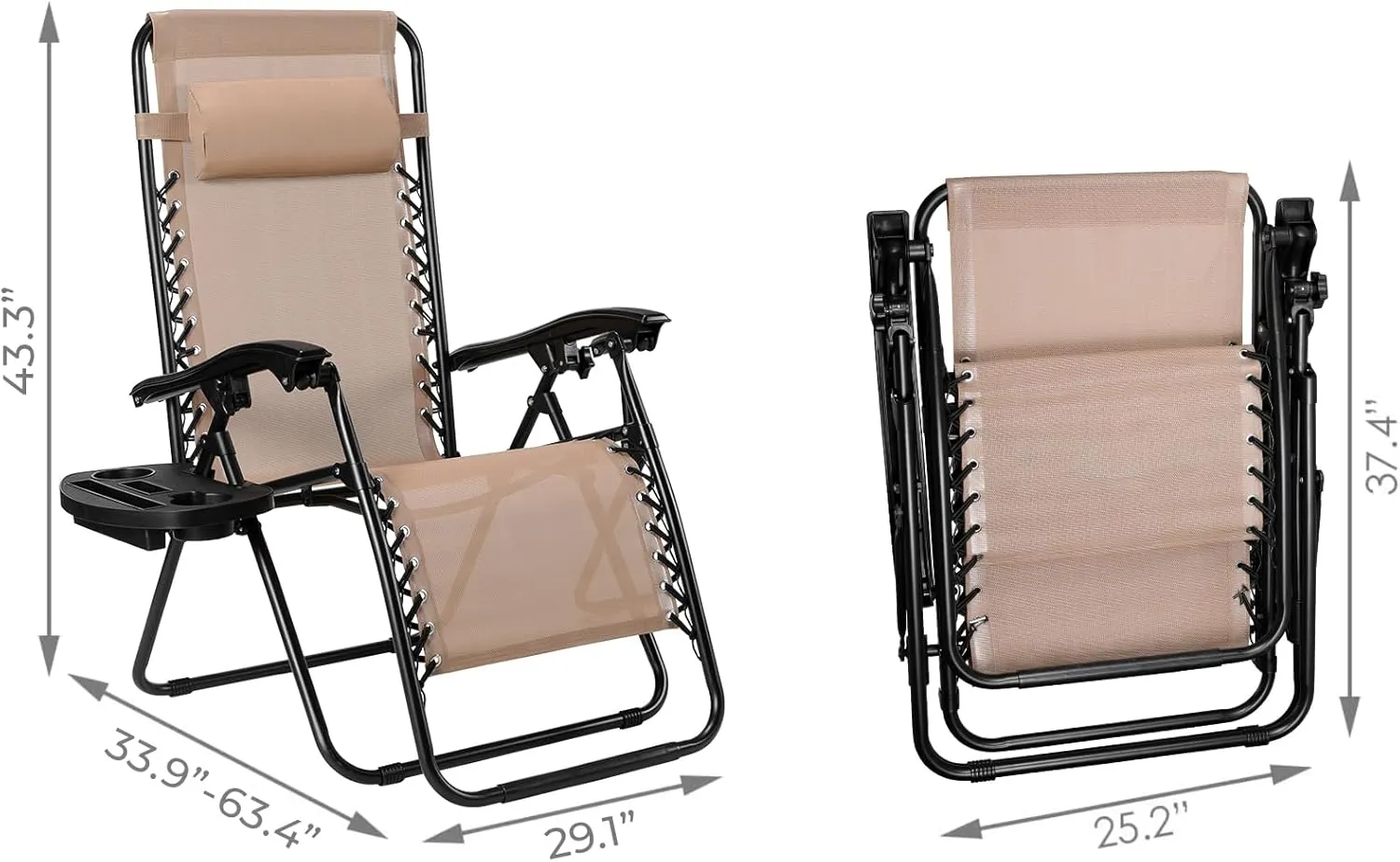 TLSUNNY Zero Gravity Chair Set of 2, Outdoor Folding Lounge W/Detachable Headrest & Holder Tray, Adjustable Textilene Lawn Reclining, No Assembly Required, for Patio, Backyard, Garden, 330LBS (Beige)