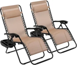TLSUNNY Zero Gravity Chair Set of 2, Outdoor Folding Lounge W/Detachable Headrest & Holder Tray, Adjustable Textilene Lawn Reclining, No Assembly Required, for Patio, Backyard, Garden, 330LBS (Beige)