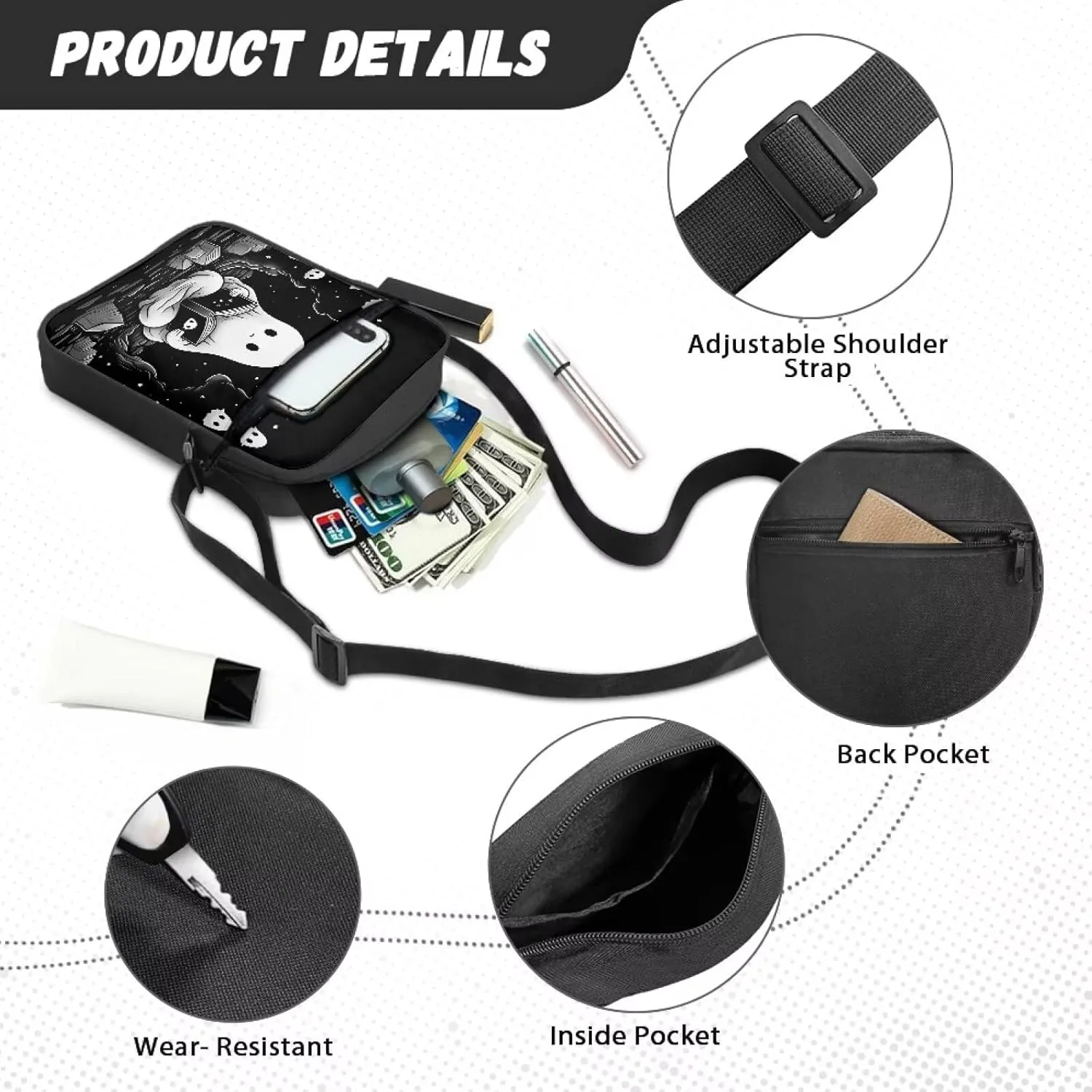 TODIYADDU Messenger Bag for Women Men Small Crossbody Purse with Adjustable Strap Travel Shoulder Bag Lightweight Handbags