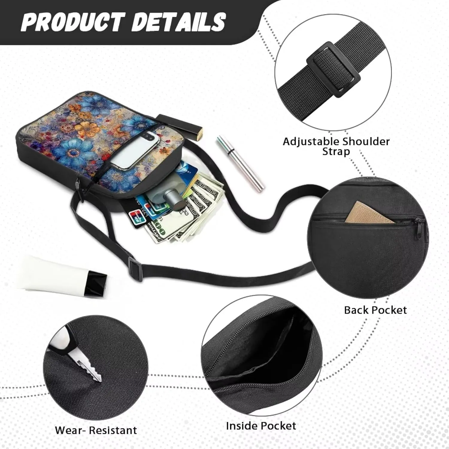 TODIYADDU Messenger Bag for Women Men Small Crossbody Purse with Adjustable Strap Travel Shoulder Bag Lightweight Handbags