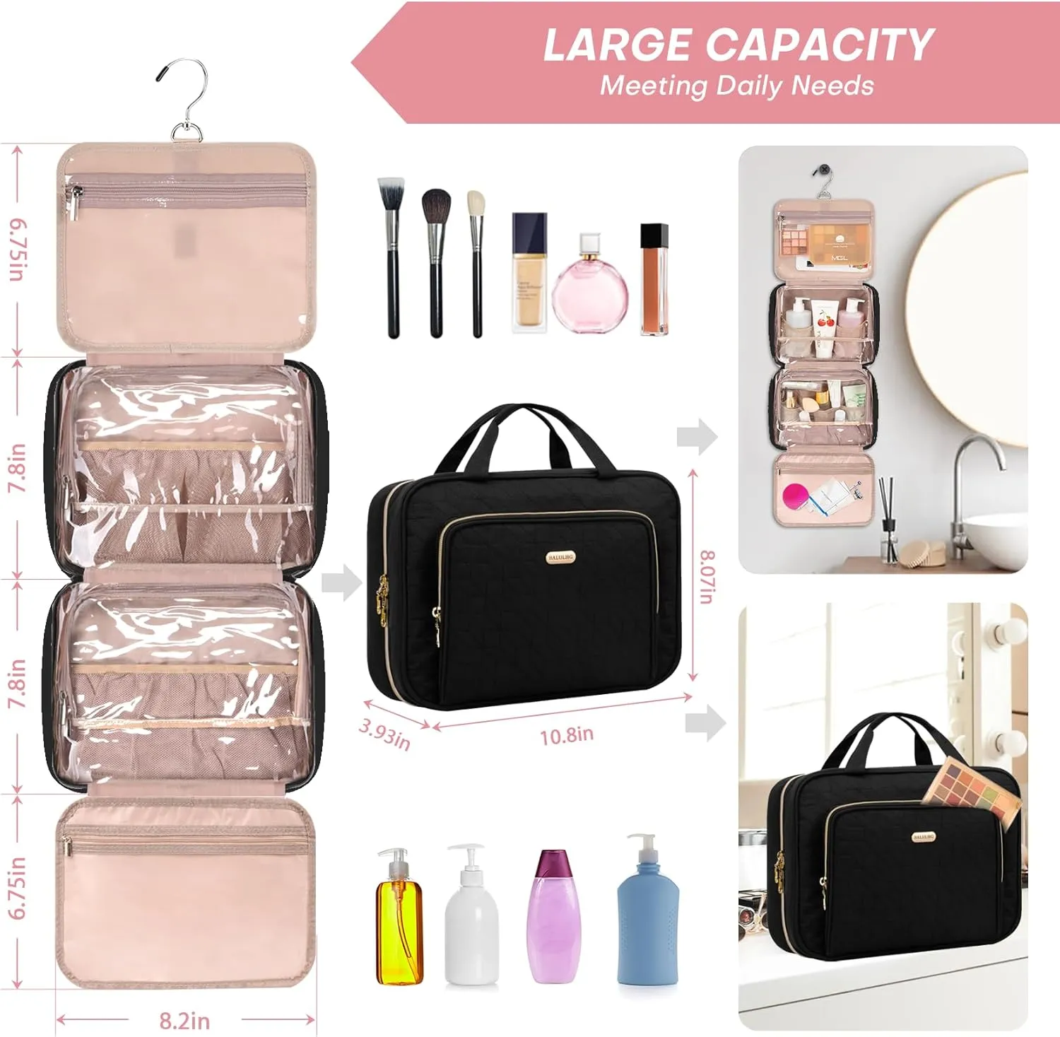 Toiletry Bag with Hanging Hook, Portable Makeup Cosmetic Bags, Space-efficient, Collapsible Moving, making it more suitable for Travel