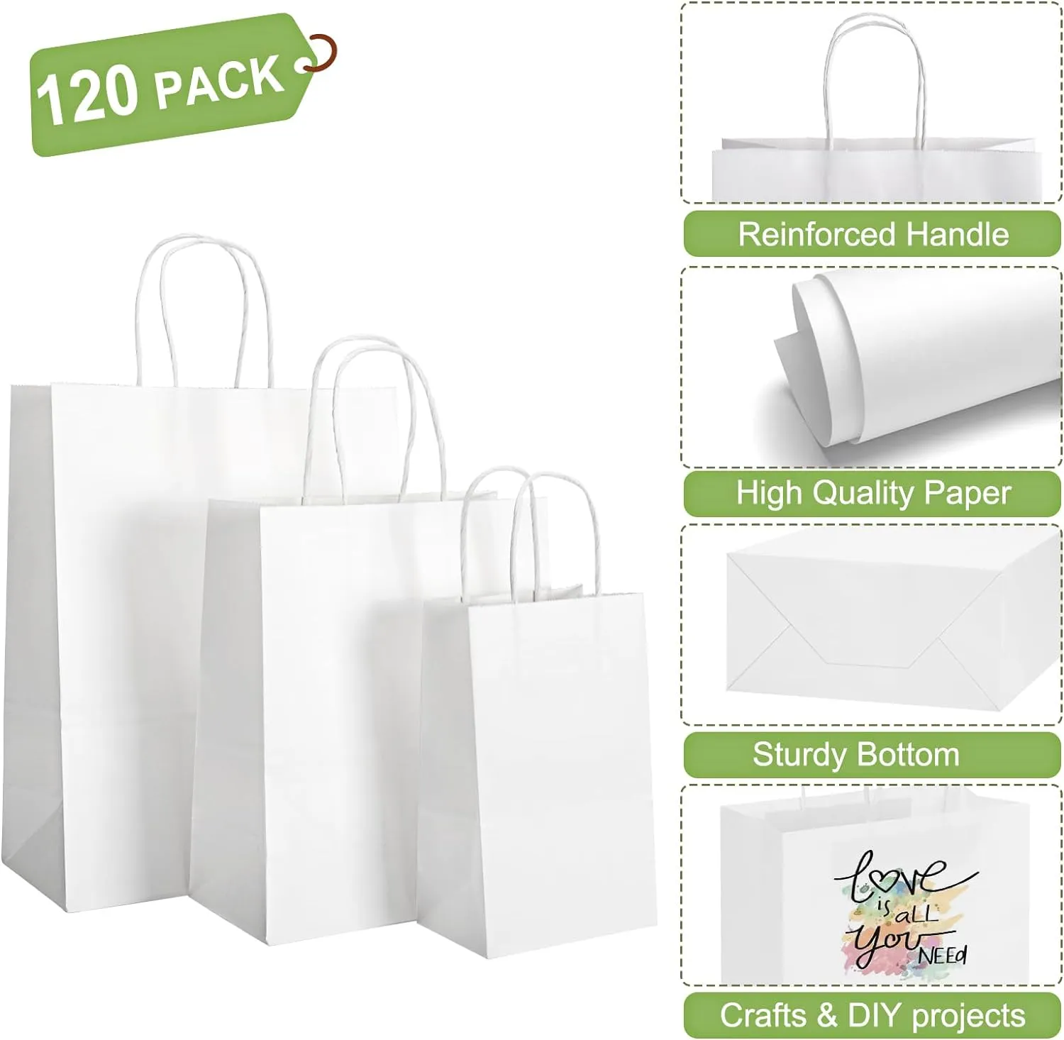 TOMNK 120pcs White Paper Bags with Handles Mixed Size Bulk Kraft Paper Gift Bags for Business, Shopping, Retail, Merchandise