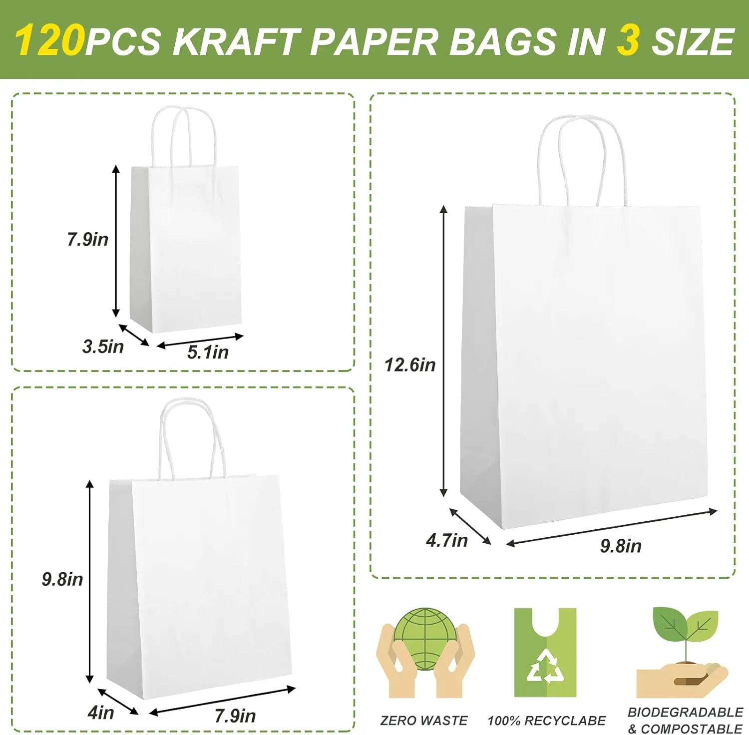 TOMNK 120pcs White Paper Bags with Handles Mixed Size Bulk Kraft Paper Gift Bags for Business, Shopping, Retail, Merchandise
