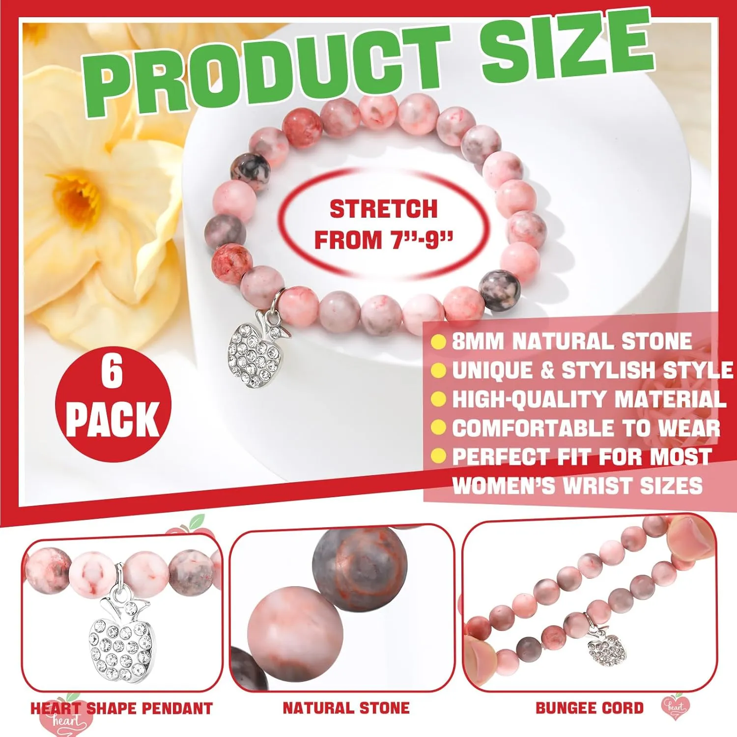 Tondiamo 6 Sets Teacher Appreciation Gifts for Women Include 6 Natural Stone Bracelets 6 Cards 6 Canvas Makeup Bags Thank You Gifts for Teachers Appreciation Week Retirement Birthday