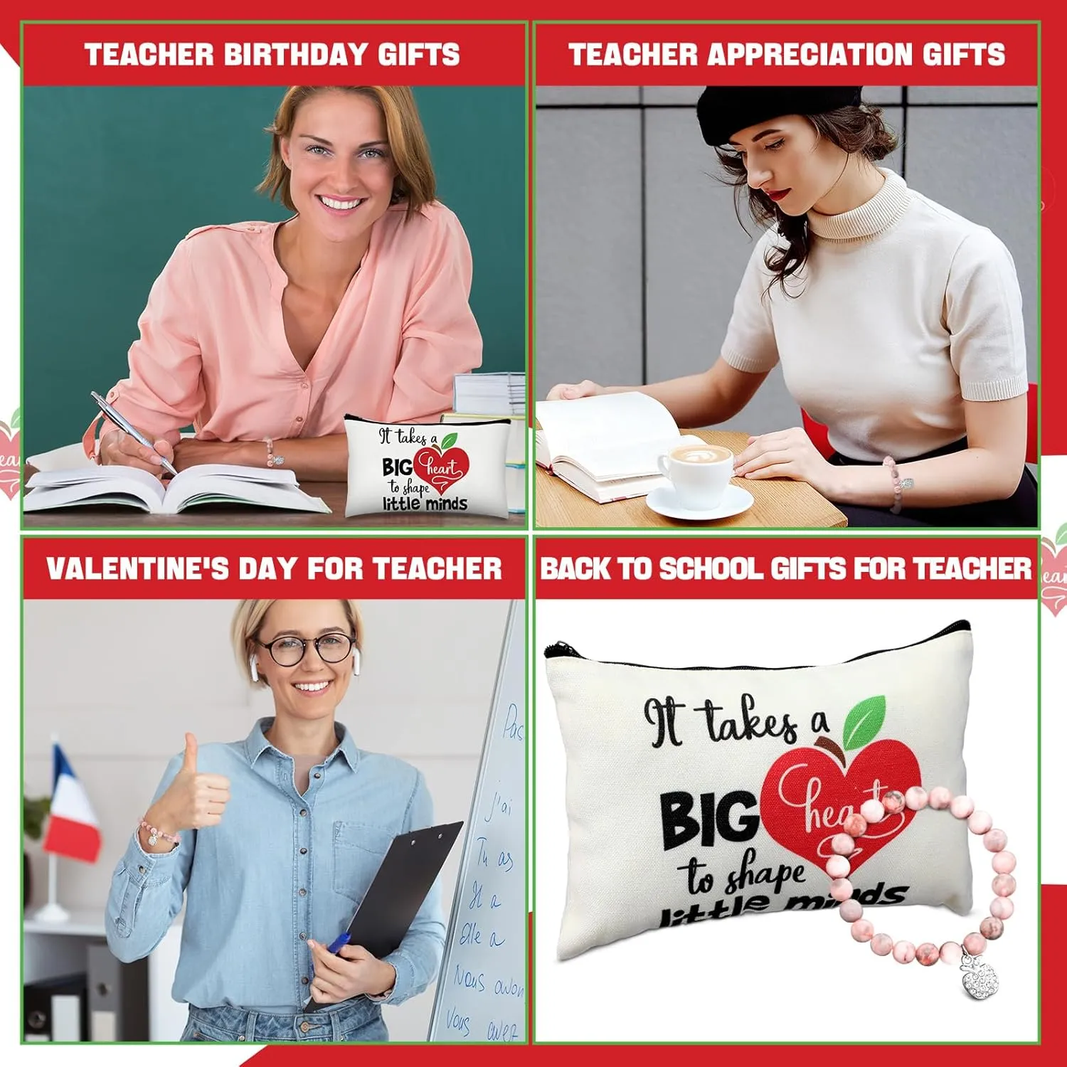Tondiamo 6 Sets Teacher Appreciation Gifts for Women Include 6 Natural Stone Bracelets 6 Cards 6 Canvas Makeup Bags Thank You Gifts for Teachers Appreciation Week Retirement Birthday