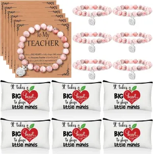 Tondiamo 6 Sets Teacher Appreciation Gifts for Women Include 6 Natural Stone Bracelets 6 Cards 6 Canvas Makeup Bags Thank You Gifts for Teachers Appreciation Week Retirement Birthday