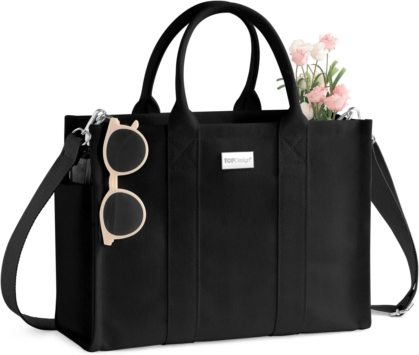 TOPDesign Heavy-Duty Canvas Tote Bag for Women, Adjustable Crossbody Handbag with 6 Pockets, Everything Tote
