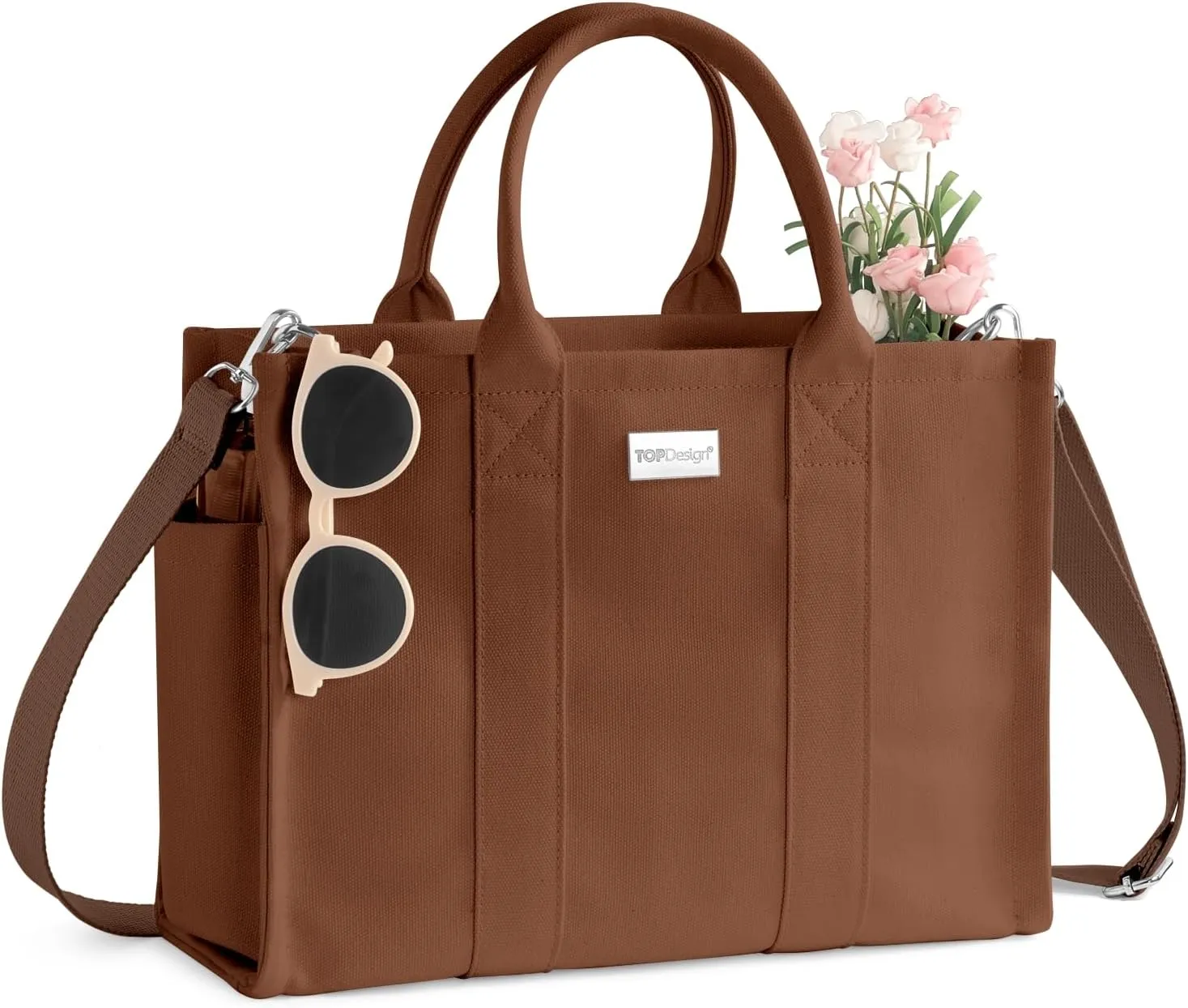 TOPDesign Heavy-Duty Canvas Tote Bag for Women, Adjustable Crossbody Handbag with 6 Pockets, Everything Tote