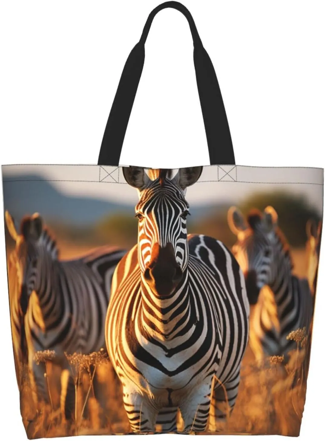 Tote Bag for Women Grocery Bag Reusable Shopping Bag Zebras on Brown Grass Field Handbag Foldable Shoulder Bag