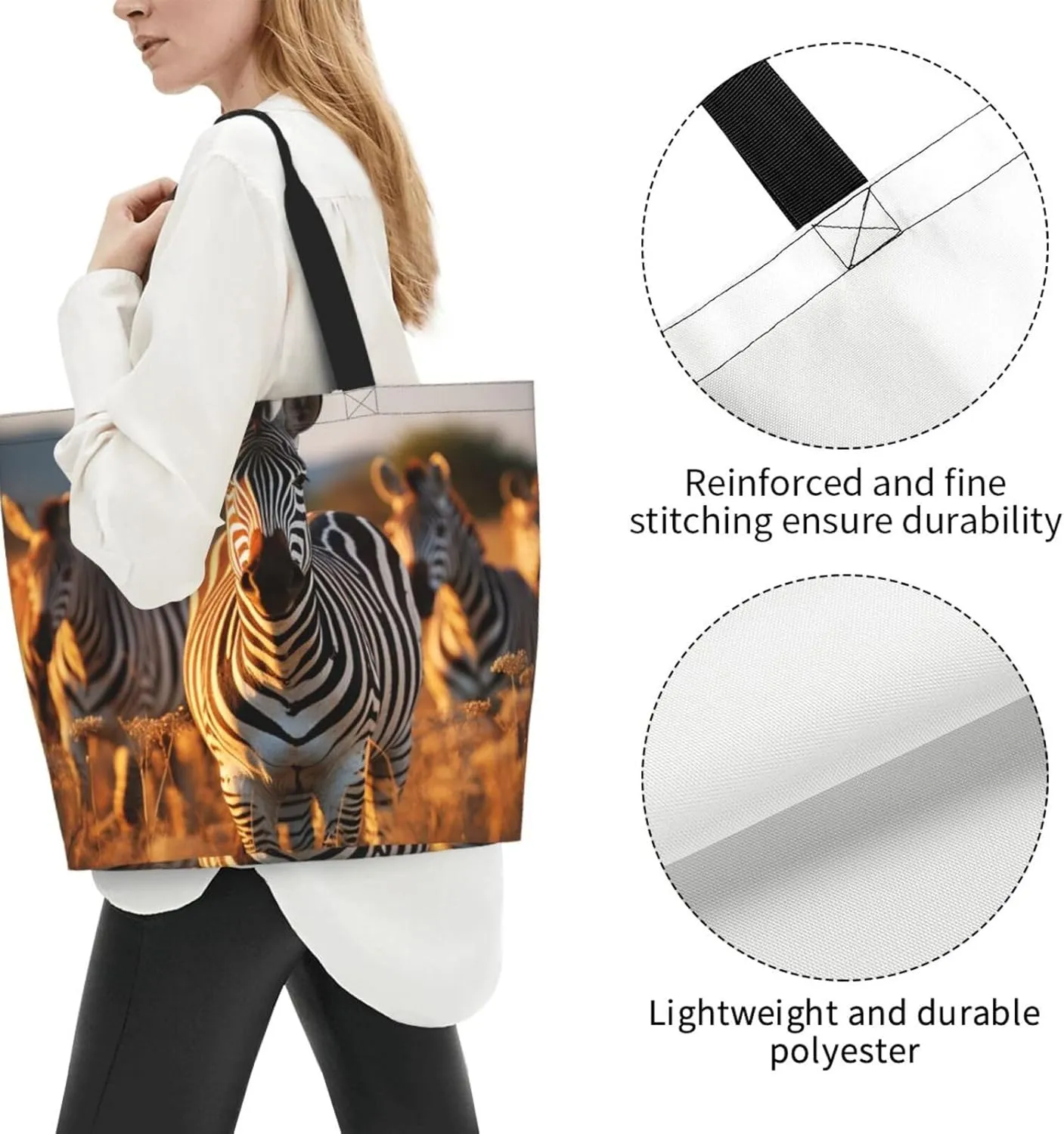 Tote Bag for Women Grocery Bag Reusable Shopping Bag Zebras on Brown Grass Field Handbag Foldable Shoulder Bag