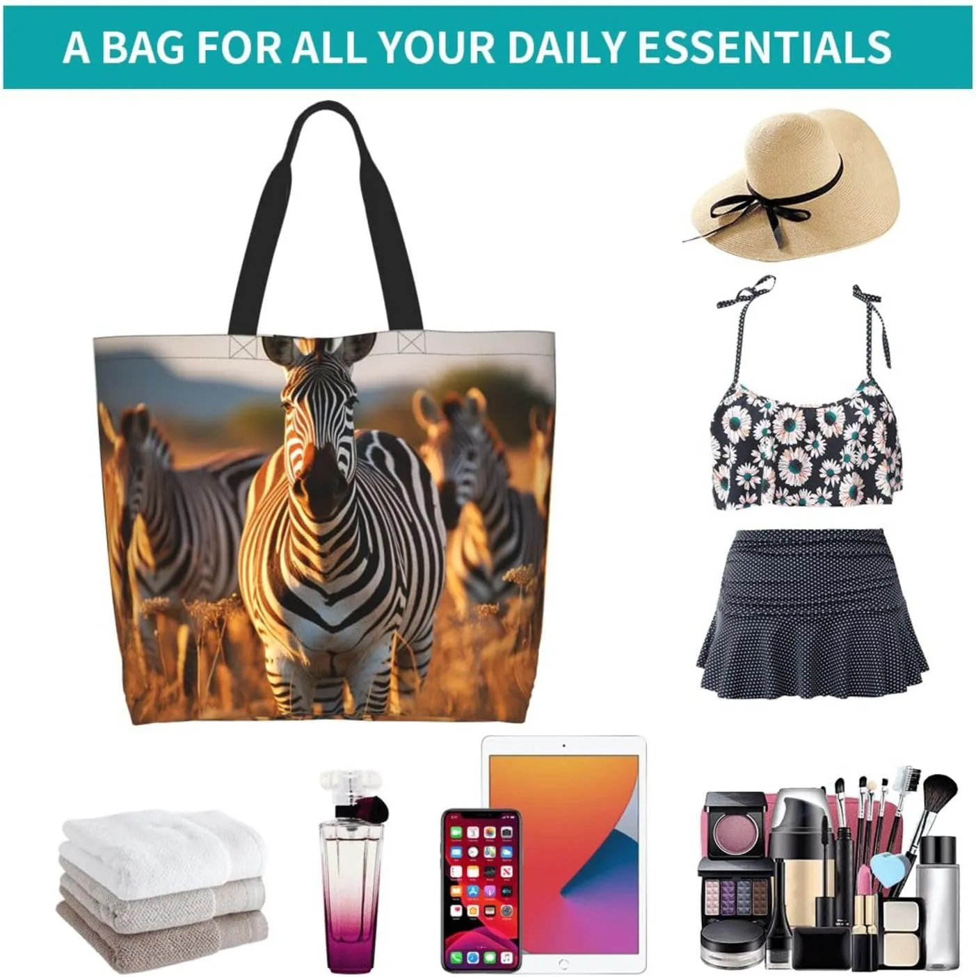 Tote Bag for Women Grocery Bag Reusable Shopping Bag Zebras on Brown Grass Field Handbag Foldable Shoulder Bag