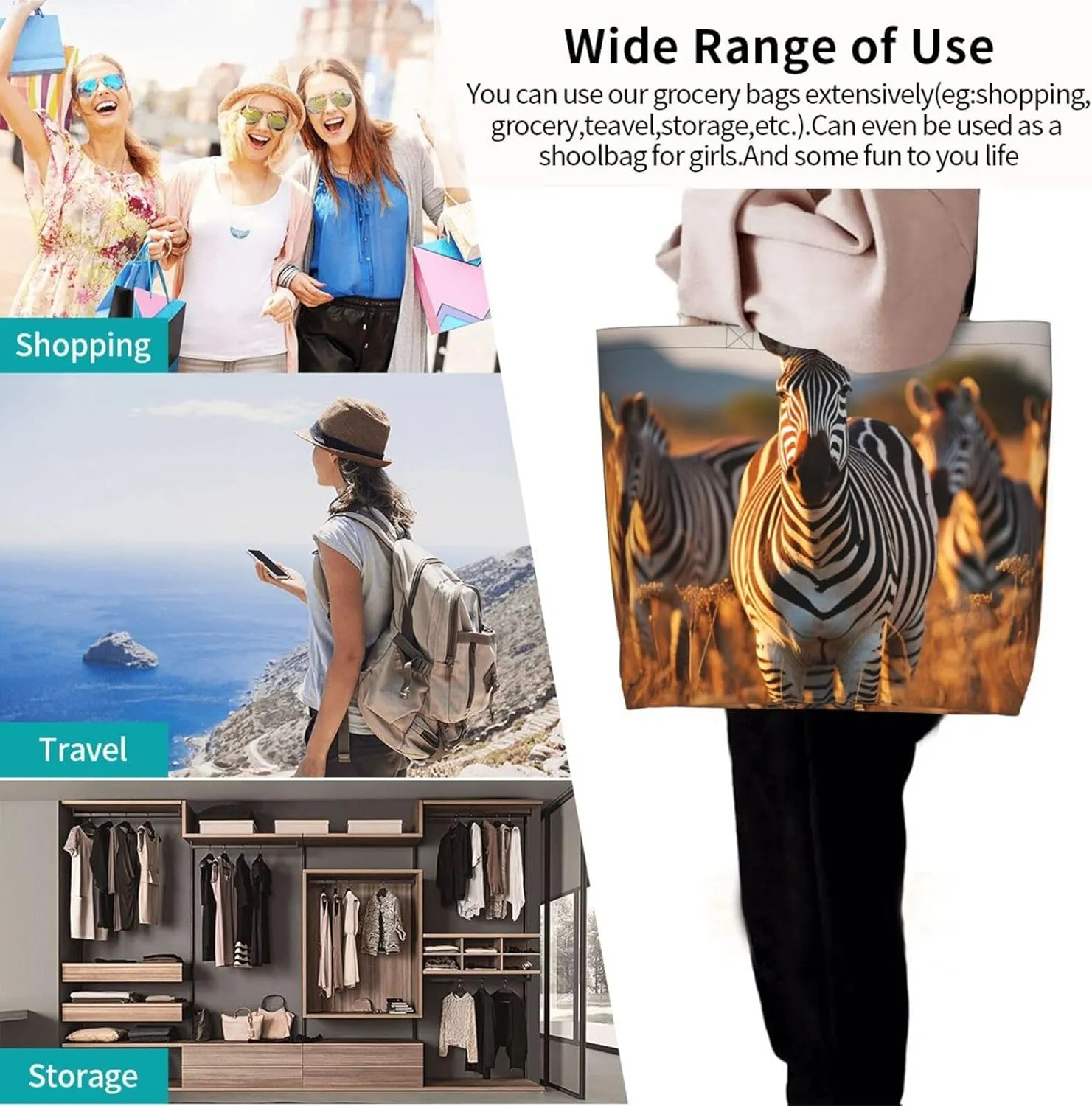 Tote Bag for Women Grocery Bag Reusable Shopping Bag Zebras on Brown Grass Field Handbag Foldable Shoulder Bag