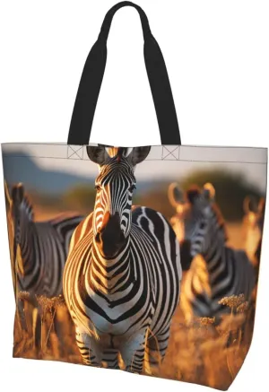 Tote Bag for Women Grocery Bag Reusable Shopping Bag Zebras on Brown Grass Field Handbag Foldable Shoulder Bag