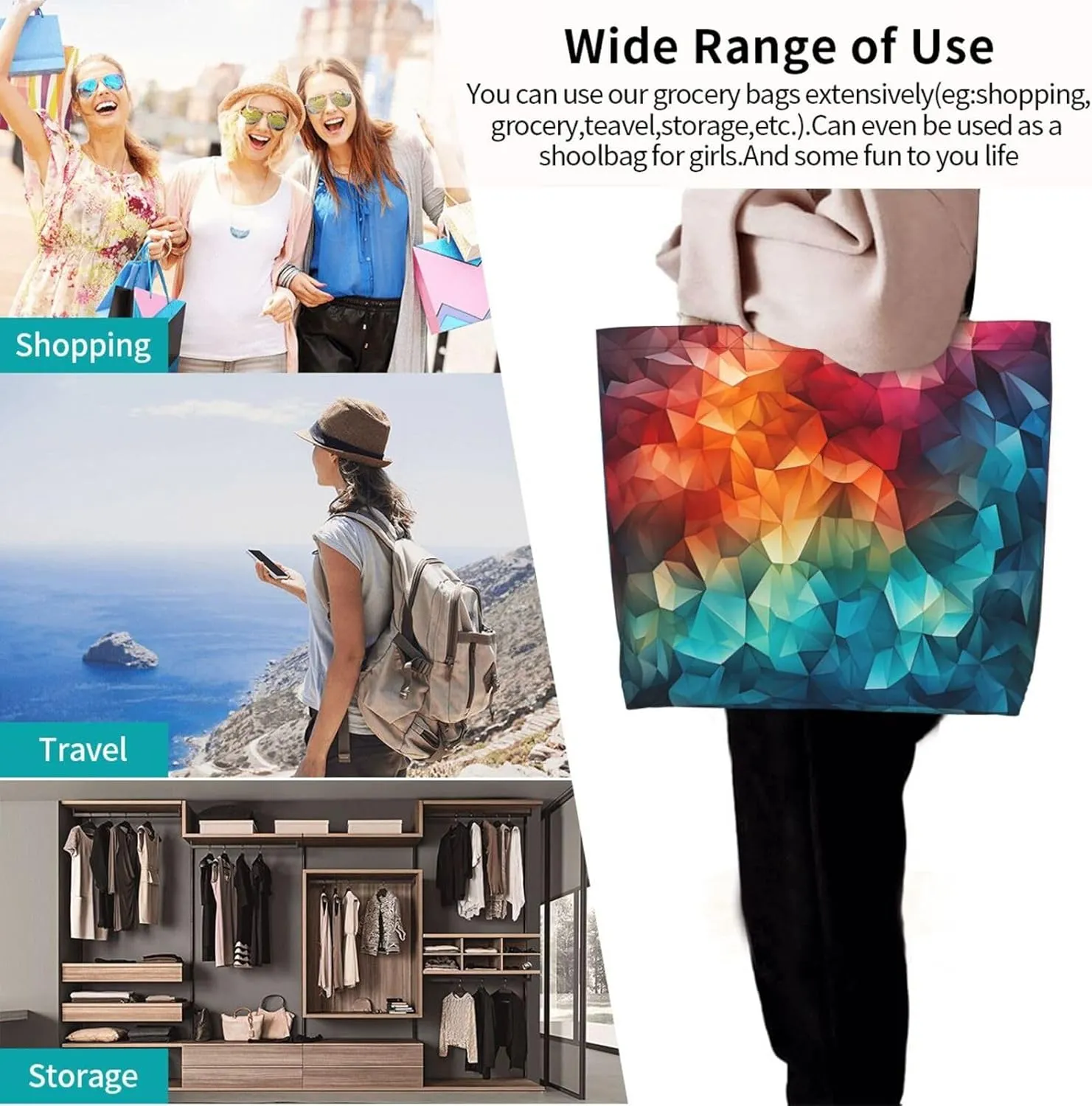 Tote Bag for Women Reusable Grocery Bag Shopping Bag Colorful Handprints Tote Bags Handbag Foldable Shoulder Bag