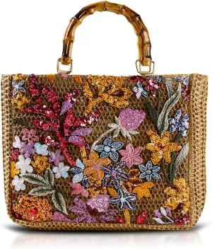 Tote Bag for Women, Unique Embroidered Patchwork Straw Bag with Bamboo Handle, Square Beach Bag for Important Occasions, Work, Travel(Style 1)