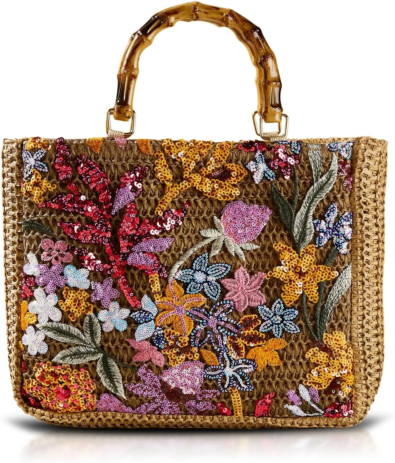 Tote Bag for Women, Unique Embroidered Patchwork Straw Bag with Bamboo Handle, Square Beach Bag for Important Occasions, Work, Travel(Style 1)