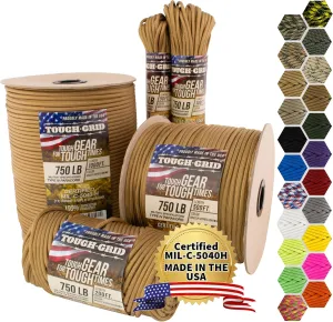 TOUGH-GRID Premium Paracord 750 lbs Made in USA Outdoor Survival Nylon Rope Tactical Heavy Duty Strands Parachute Cord Used by US Military Type IV Mil-Spec