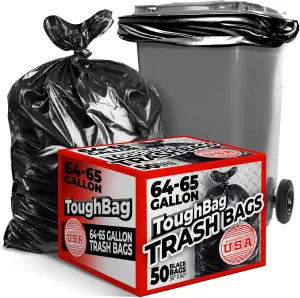 ToughBag 64-65 Gallon Trash Bags, 50x60" Large Black Can Liners (50 Count) – Made in USA