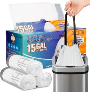 Trash Bags 15 Gallon Tall Kitchen, Drawstring Garbage Bags, Recyclable Strong Large Recycling Kitchen Bags, Fresh Clean Unsented Trash Bags for Indoor Outdoor