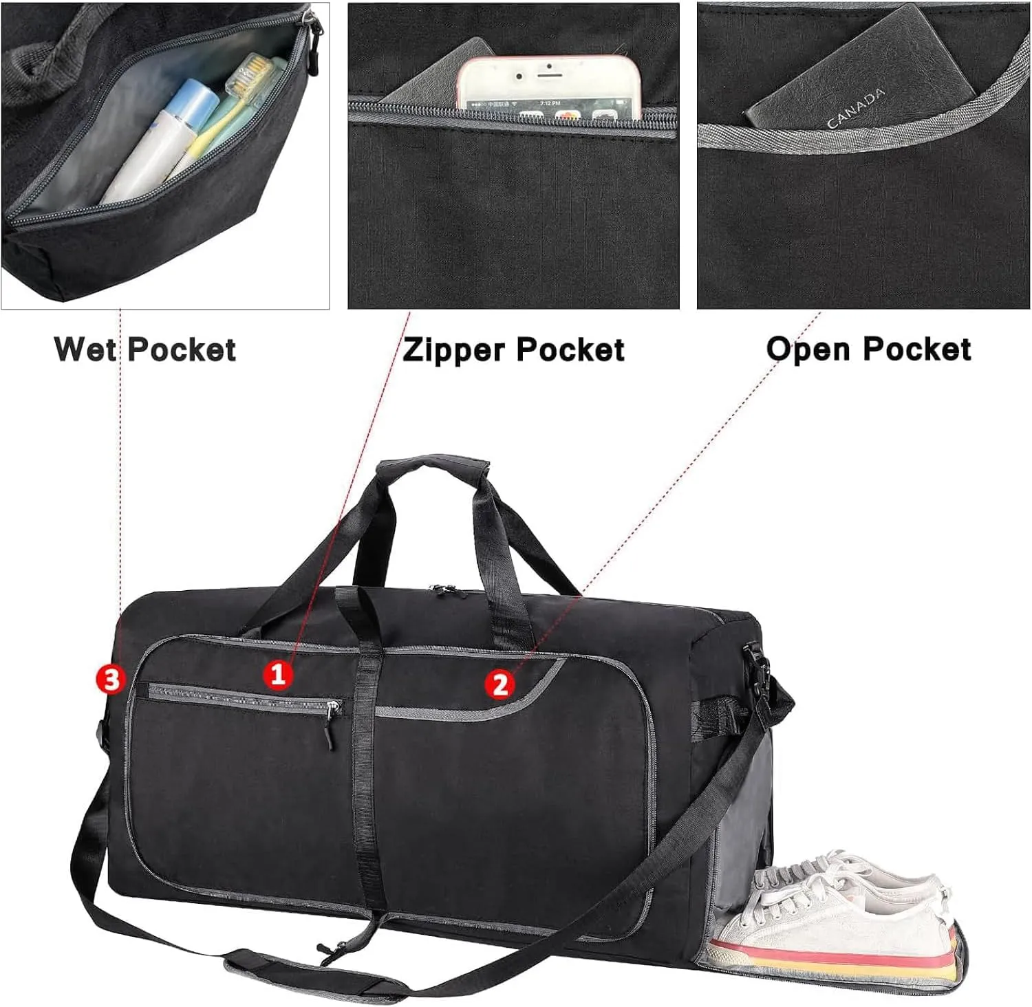 Travel Duffle Bag for Men, Extra Large Foldable Duffel Bags for Traveling with Shoes & Wet Compartment Waterproof Weekender Gym Bag for Men Women(115LBlack)