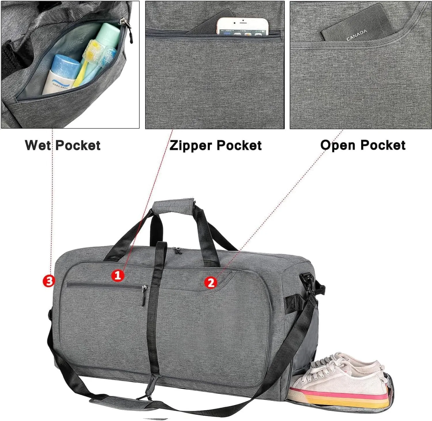 Travel Duffle Bag for Men, Large Foldable Duffel Bags for Traveling with Shoes & Wet Compartment Waterproof Weekender Gym Bag for Men Women(65LDarkgrey)