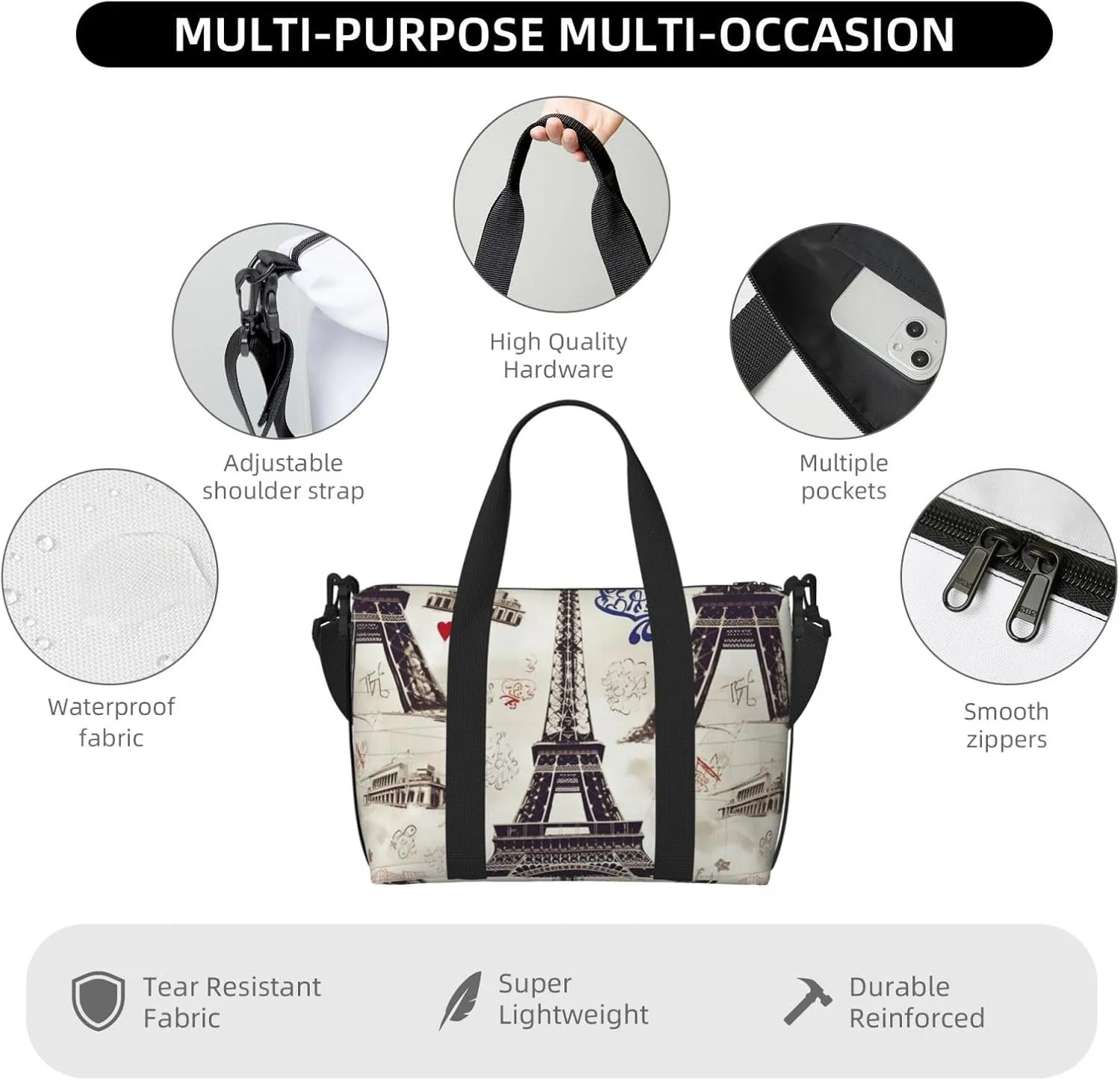 Travel Duffle Bag Weekender Bags for Men Women Adjustable Large Capacity Weekender Overnight Bag Carry On Tote Bags Waterproof Sport Gym Bag for Travel Yoga, French Paris Tour Eiffel Tower, One Size