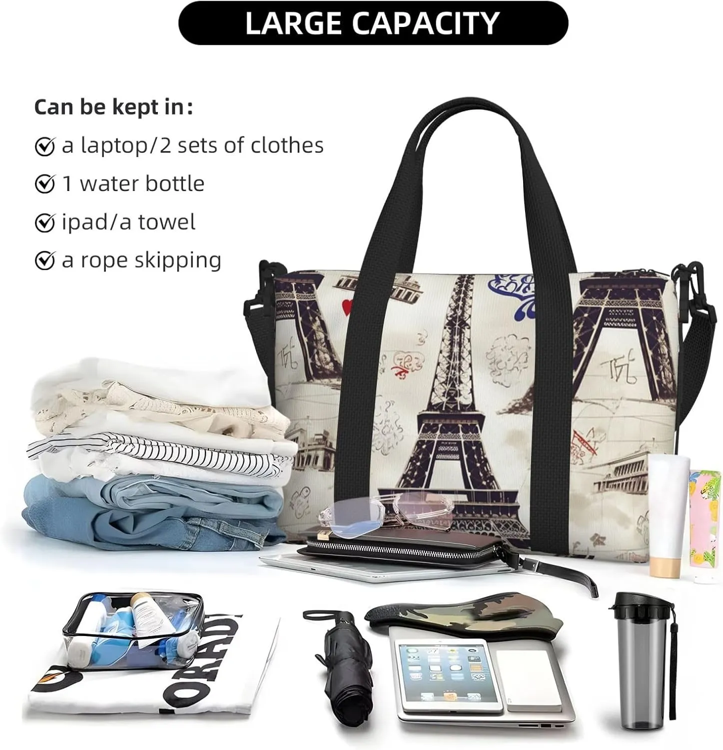 Travel Duffle Bag Weekender Bags for Men Women Adjustable Large Capacity Weekender Overnight Bag Carry On Tote Bags Waterproof Sport Gym Bag for Travel Yoga, French Paris Tour Eiffel Tower, One Size
