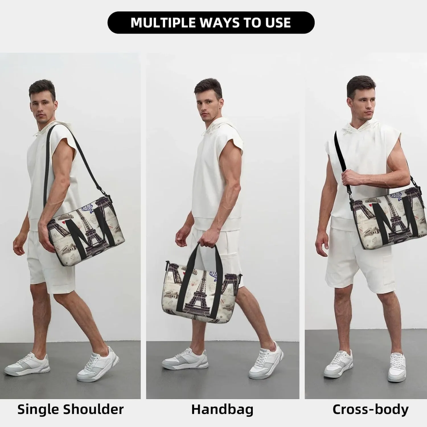 Travel Duffle Bag Weekender Bags for Men Women Adjustable Large Capacity Weekender Overnight Bag Carry On Tote Bags Waterproof Sport Gym Bag for Travel Yoga, French Paris Tour Eiffel Tower, One Size