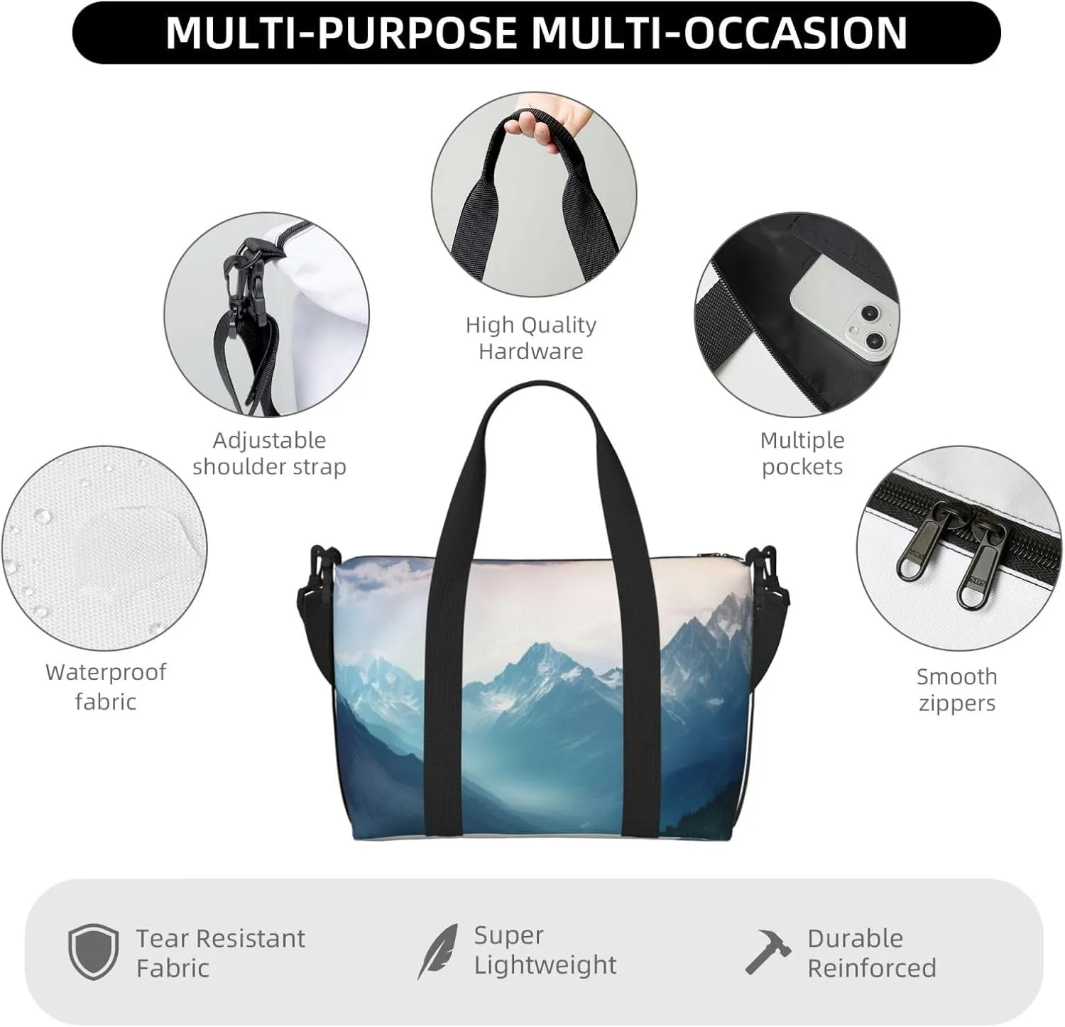 Travel Duffle Bag Weekender Bags for Men Women Adjustable Large Capacity Weekender Overnight Bag Carry On Tote Bags Waterproof Sport Gym Bag for Travel Yoga, Misty Mountain, One Size