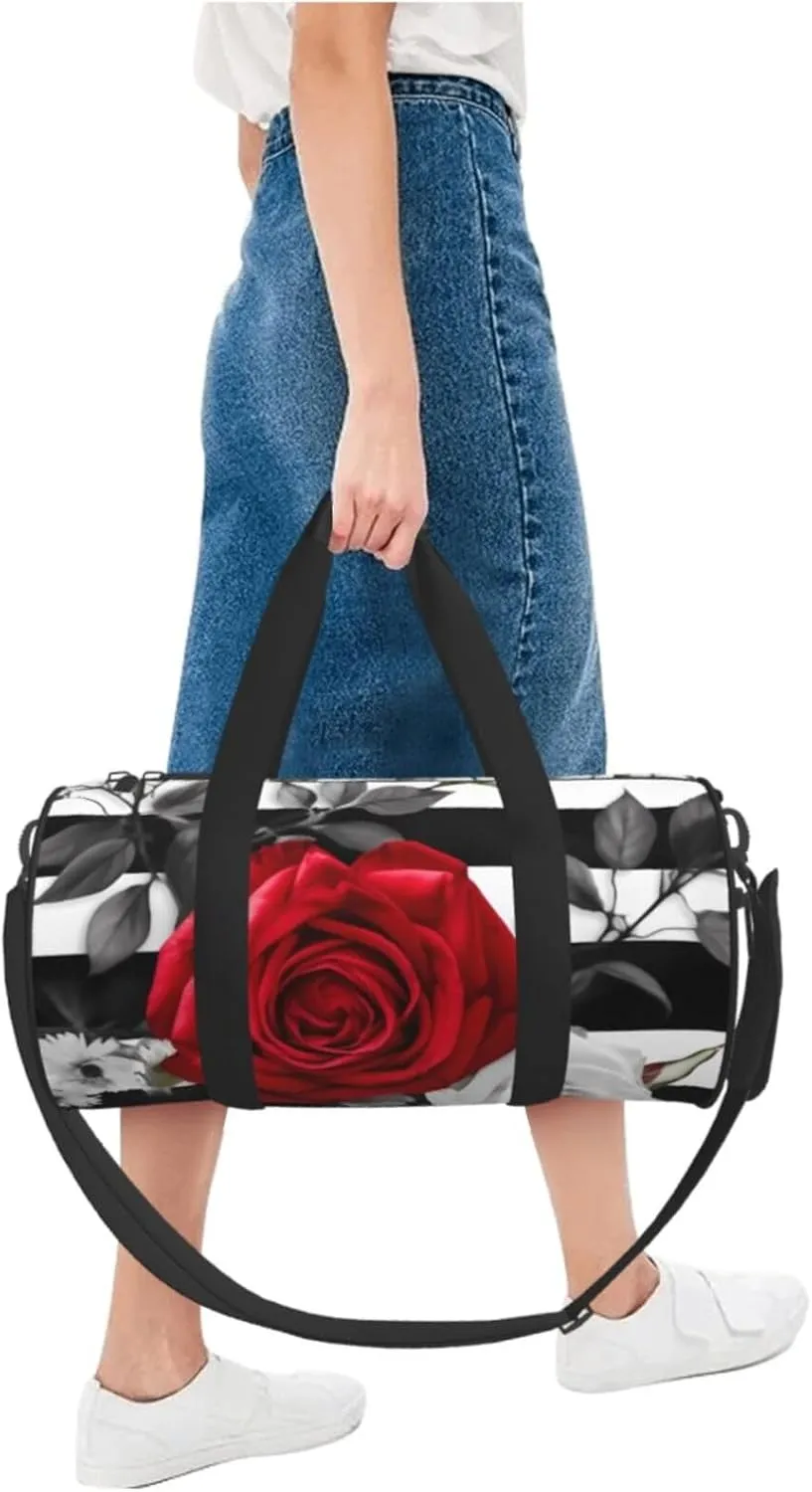 Travel Duffle Bag Weekender Bags For Men Women With Shoe Compartment Large Capacity Weekender Overnight Bag Black White Stripes Red Rose Flowers Carry On Tote Bags Sport Gym Bag For Travel Yoga