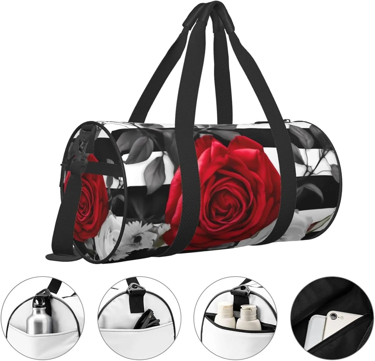 Travel Duffle Bag Weekender Bags For Men Women With Shoe Compartment Large Capacity Weekender Overnight Bag Black White Stripes Red Rose Flowers Carry On Tote Bags Sport Gym Bag For Travel Yoga