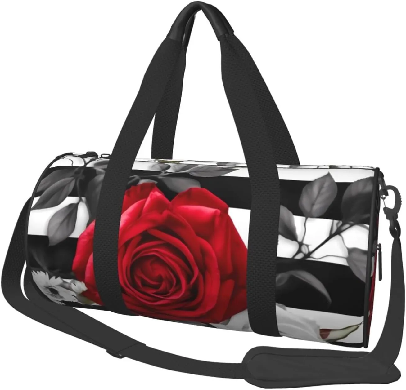 Travel Duffle Bag Weekender Bags For Men Women With Shoe Compartment Large Capacity Weekender Overnight Bag Black White Stripes Red Rose Flowers Carry On Tote Bags Sport Gym Bag For Travel Yoga