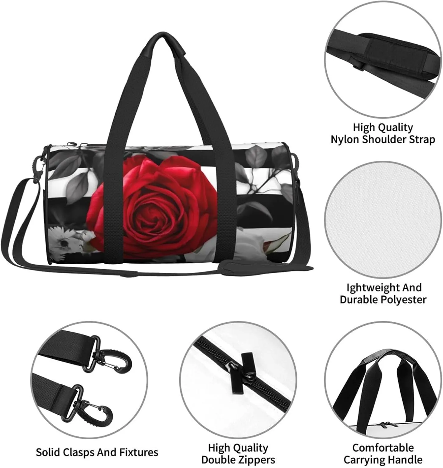 Travel Duffle Bag Weekender Bags For Men Women With Shoe Compartment Large Capacity Weekender Overnight Bag Black White Stripes Red Rose Flowers Carry On Tote Bags Sport Gym Bag For Travel Yoga