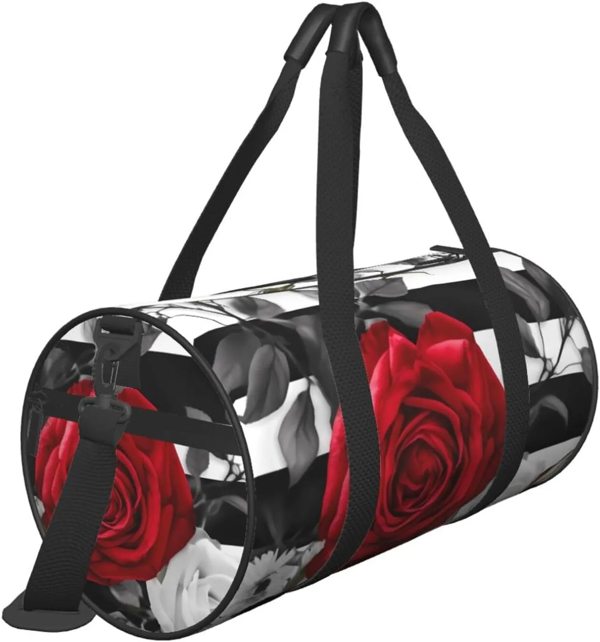 Travel Duffle Bag Weekender Bags For Men Women With Shoe Compartment Large Capacity Weekender Overnight Bag Black White Stripes Red Rose Flowers Carry On Tote Bags Sport Gym Bag For Travel Yoga