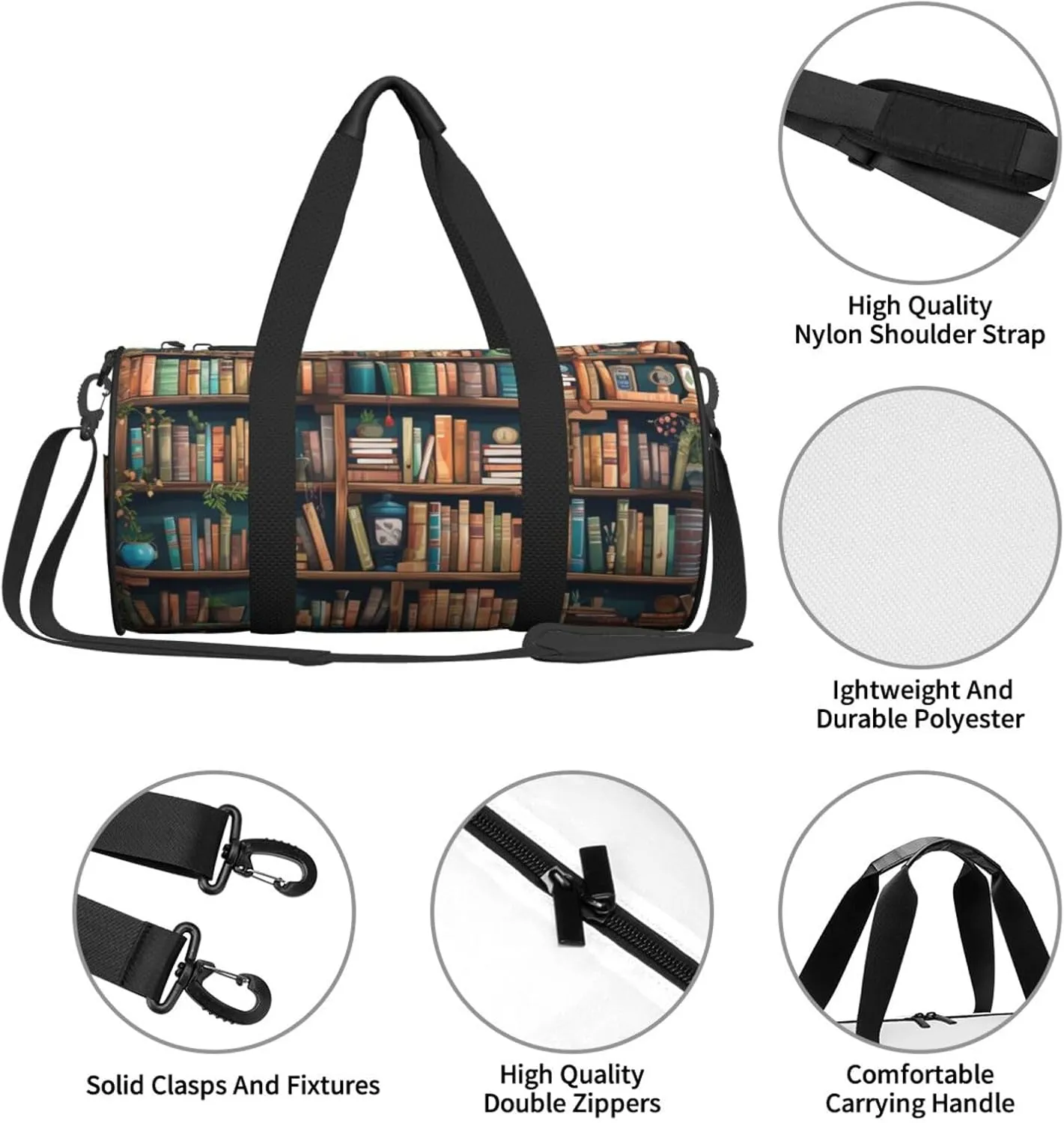 Travel Duffle Bag Weekender Bags for Men Women with Shoe Compartment Large Capacity Weekender Overnight Bag Cartoon Bookshelf Bookworm Carry On Tote Bags Sport Gym Bag for Travel Yoga