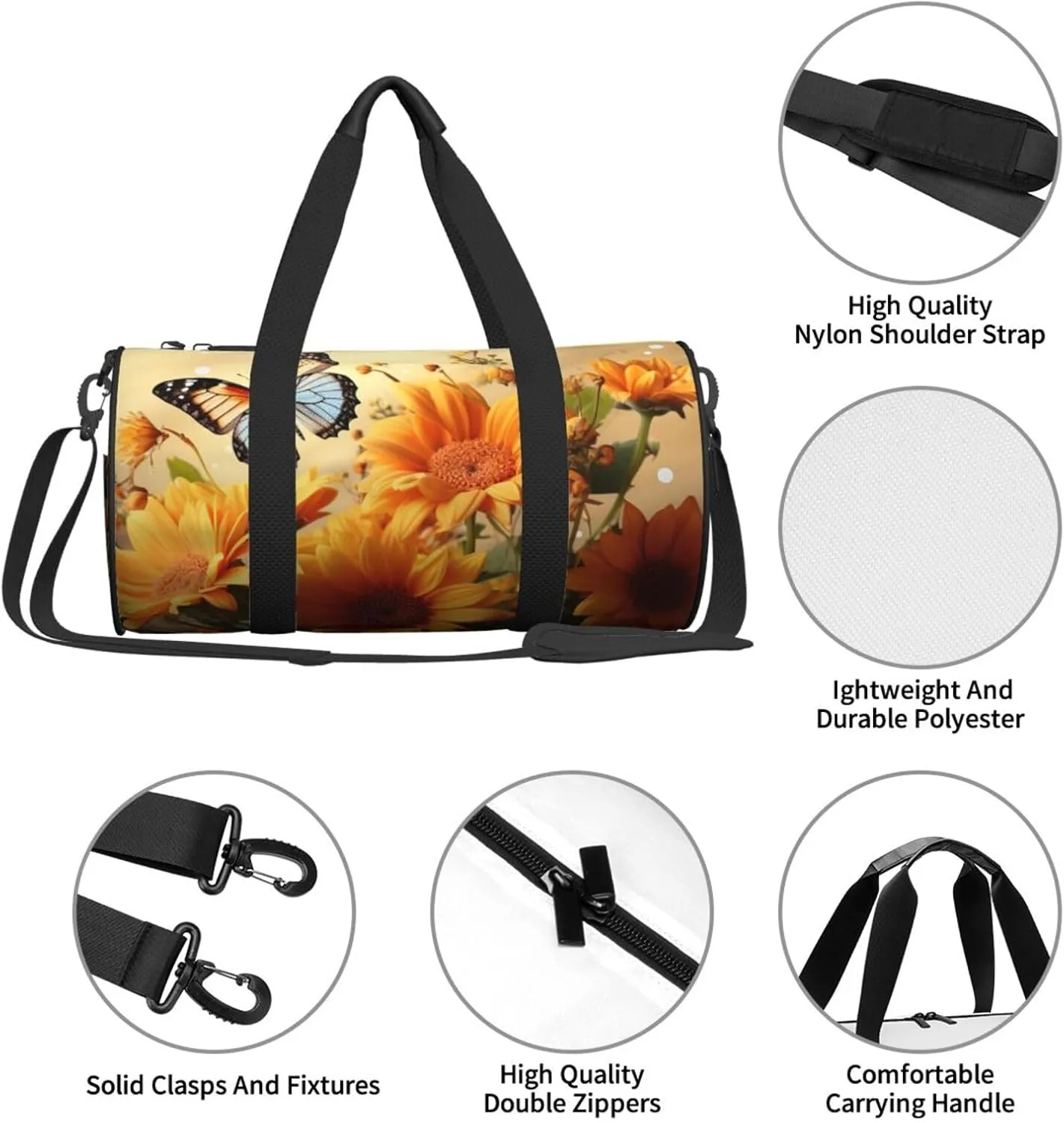 Travel Duffle Bag Weekender Bags for Men Women with Shoe Compartment Large Capacity Weekender Overnight Bag Cute Sunflower and Butterfly Carry On Tote Bags Sport Gym Bag for Travel Yoga