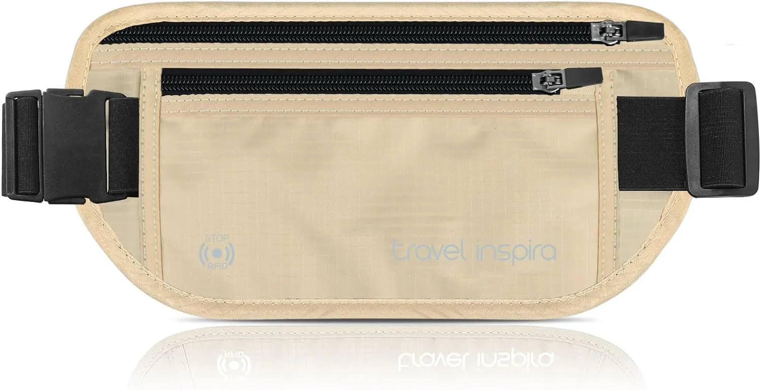 travel inspira Travel Money Belt with Slim Anti-Theft RFID Blocking Passport Holder for Travel Concealed under Clothes for Ultimate Protection of Credit Cards, Cash, Passport & Documents, Beige